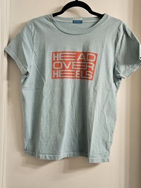 MOTHER Light Aqua Tee with Coral 'Head Over Heels' Graphic. Size M
